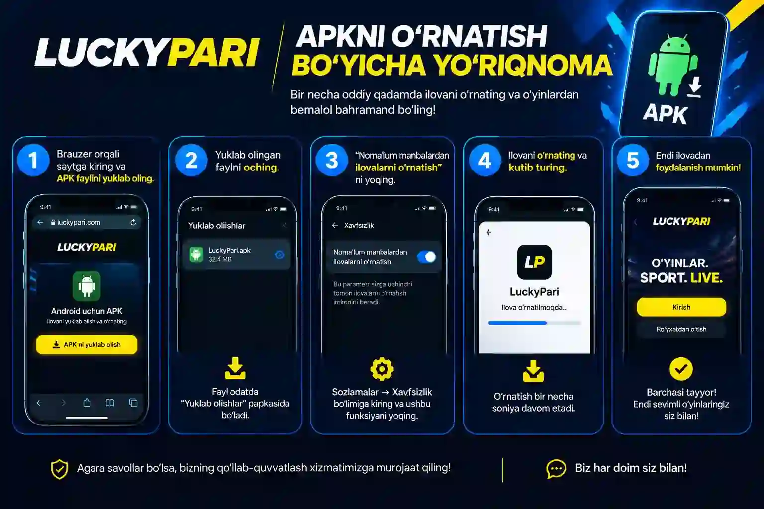 LuckyPari APK o'rnatish sozlamalari qo'llanmasi